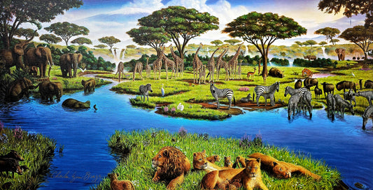 Charles Lynn Bragg "African Watering Hole" hand signed numbered art on canvas