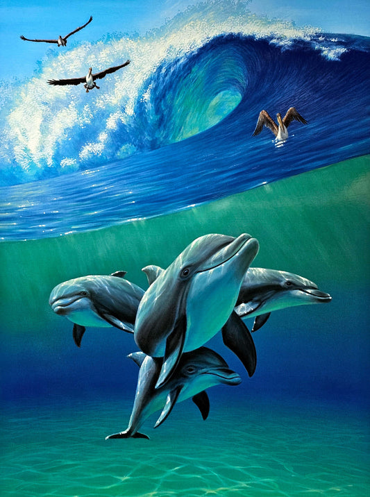 Charles Lynn Bragg "Under the Waves II" dolphin pelican ocean wave art