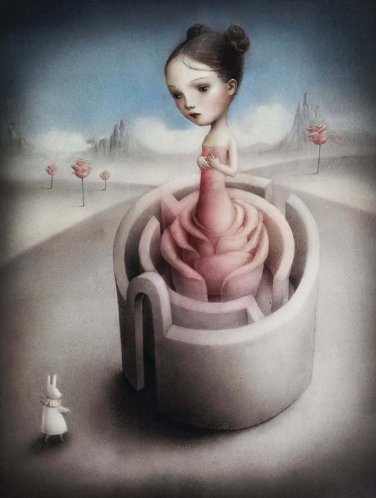 Nicoletta Ceccoli Rose Red fantasy art girl in maze looking at bunny, landscape with mountains in the background