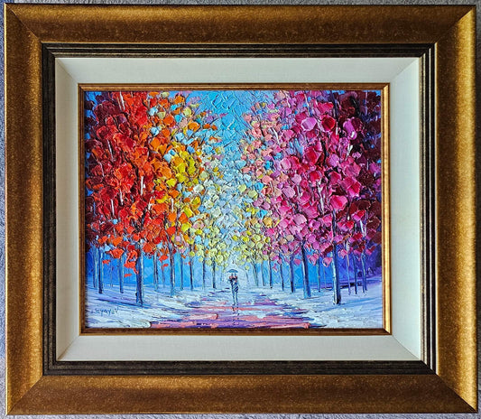 Slava Ilyayev Original Oil Painting Impasto Colorful Art Framed 25.75" x 29.75" Rainy Day Walk