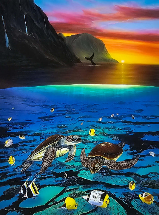 Wyland "Ancient Mariner"  sea turtles, fish, whale during sunset