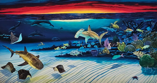 Wyland "Sea Life Below" art with sharks, hammerhead shark, fish, dolphins and more