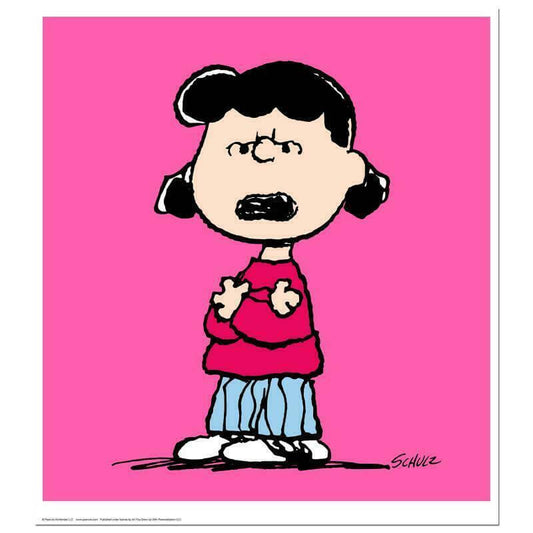 Angry Lucy from Charles M. Schulz Peanuts comic strip on pink background 