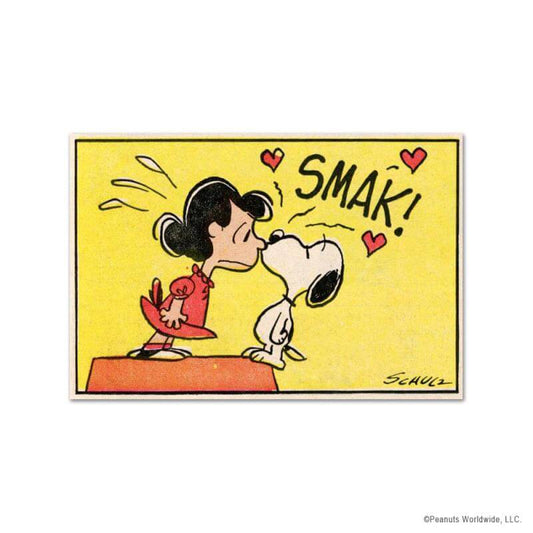 Lucy Van Pelt and Snoopy Kissing Charles M. Schulz Comic with red hearts, yellow background, signed in print "Schulz" on roof of dog house