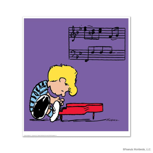 "Schroeder" playing piano with music notes Peanuts Worldwide, LLC