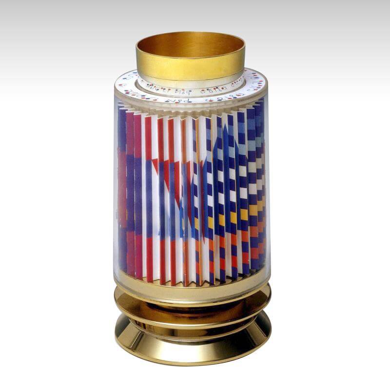 Yaacov Agam "Kiddush Cup" Limited Edition 24k Gold Plated Sterling Silver with Agamograph in Lucite Numbered and Hand Signed